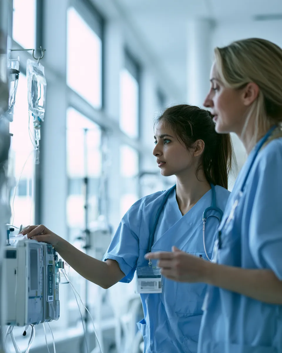 Auszubildende Pflegefachfrau prüft mit einer erfahrenen Kollegin eine Infusionspumpe auf einer Krankenhausstation